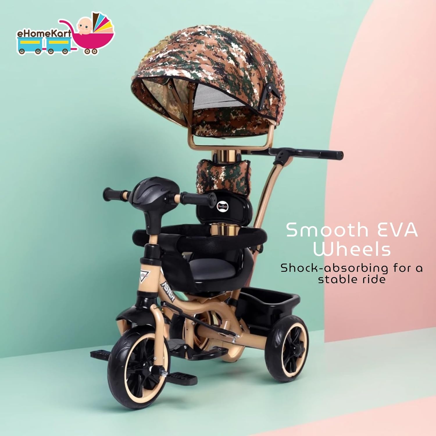 Aster 4-in-1 Musical Trike for Kids in beige and black, with a unique camouflage print sun canopy, convertible design from stroller to tricycle, removable parent push handle, safety harness, footrests, and musical features. Perfect for U SMILE TOYS outdoor play. www.usmile.toys